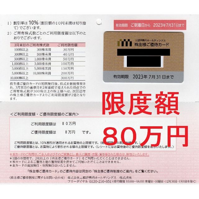 限度額80万円:三越伊勢丹株主優待カード(10%ＯＦＦ):