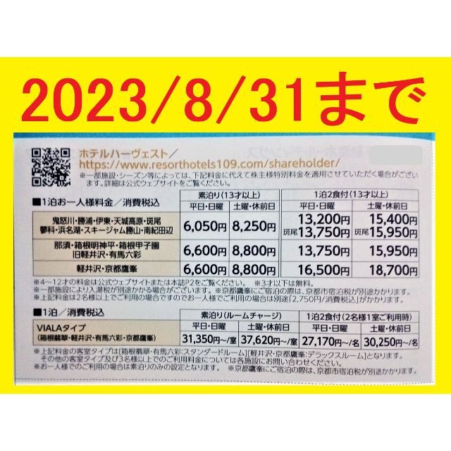 2枚セット8/31迄東急不動産株主優待ご宿泊優待券東急ハーヴェスト② チケットの優待券/割引券(宿泊券)の商品写真