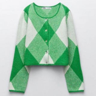 ザラ(ZARA)のZARA アーガイル柄 ニット カーディガン クロップド(カーディガン)