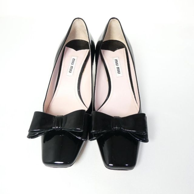 極美品 MIU MIU エナメル リボン ビジュー スクエアトゥ パンプス-