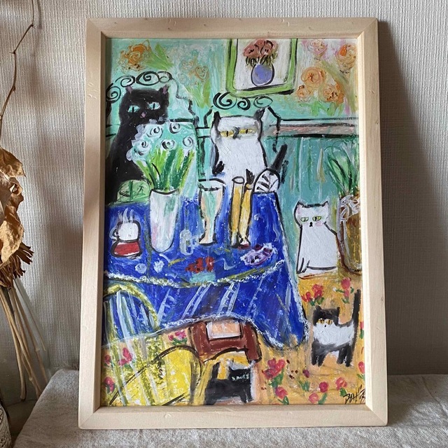 ショッピング人気 絵画 。手描き【花と食べ物でいっぱいのレストラン、猫たちの楽しいデートと遊び】 エンタメ/ホビー