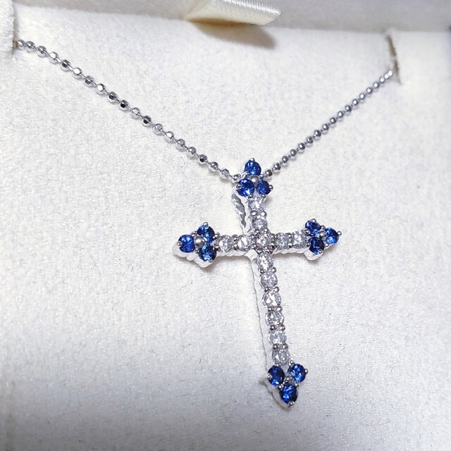 ダイヤモンド×サファイア クロス ネックレス K18WG 0.36ct 4.4g-