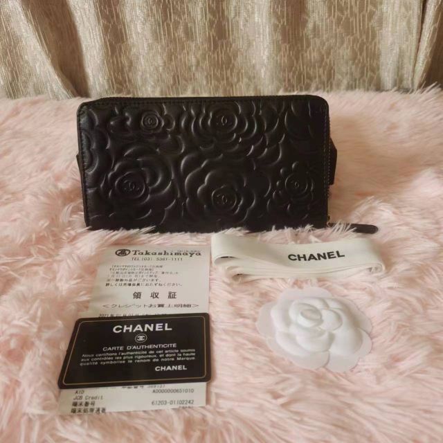 CHANEL - 未使用・正規品シャネル カメリア 5ステッチ ラムスキンラウンドファスナー長財布