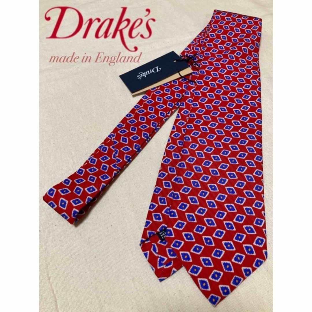 新品】Drake's/ドレイクス/ネクタイ/小紋柄/スクエア/レッド