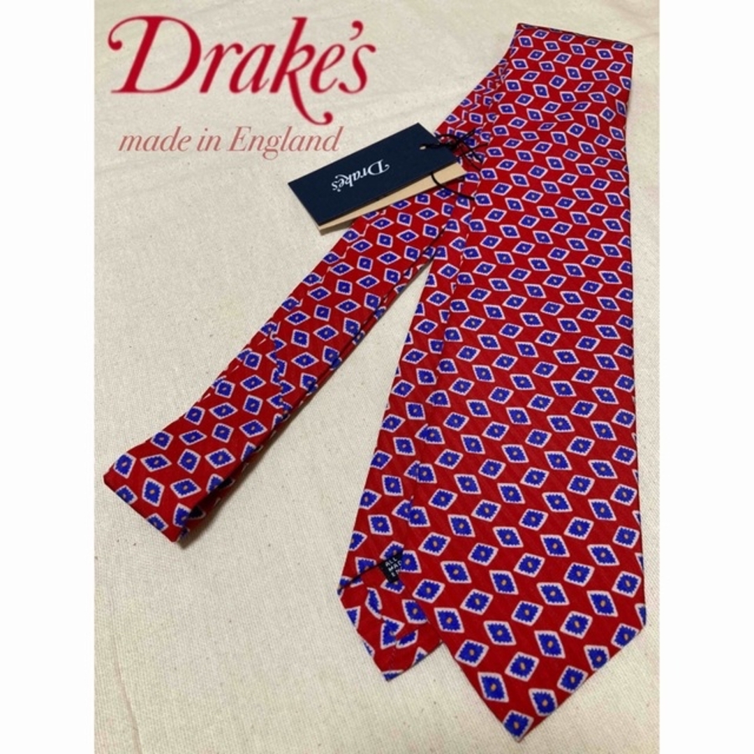 【新品】Drake's／ドレイクス／ネクタイ／小紋柄／スクエア／レッド×ブルー