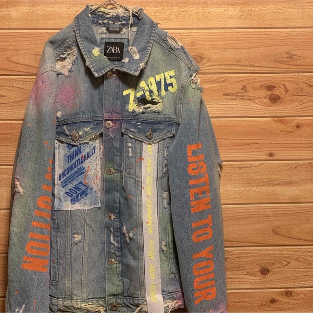ZARA 総柄 ダメージ加工 マルチカラー デニムジャケット XL 新品本物