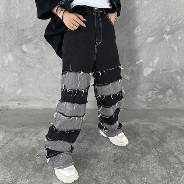 メンズ デニムパンツ クラッシュデニム ワイド ダメージ加工 ブラック
