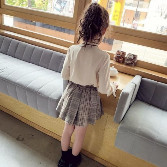 キッズ 女の子 110 リボンブラウス チェックスカートセット ブラウン 茶色 2