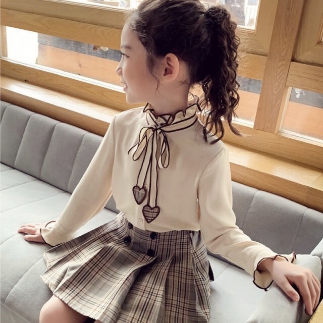 キッズ 女の子 110 リボンブラウス チェックスカートセット ブラウン 茶色 5