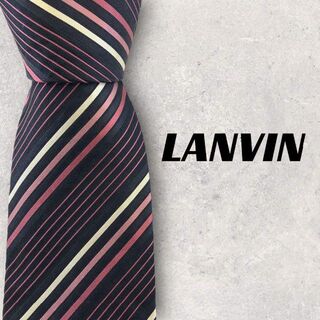【4645】美品！LANVIN ランバンネクタイ　ストライプ　ピンク×ブラック