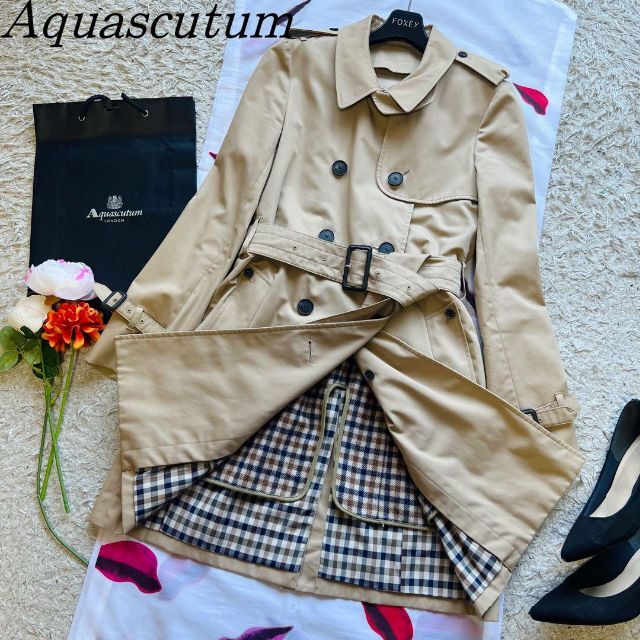 【美品】Aquascutum ロングトレンチコート ウールライナー 8 ベージュ