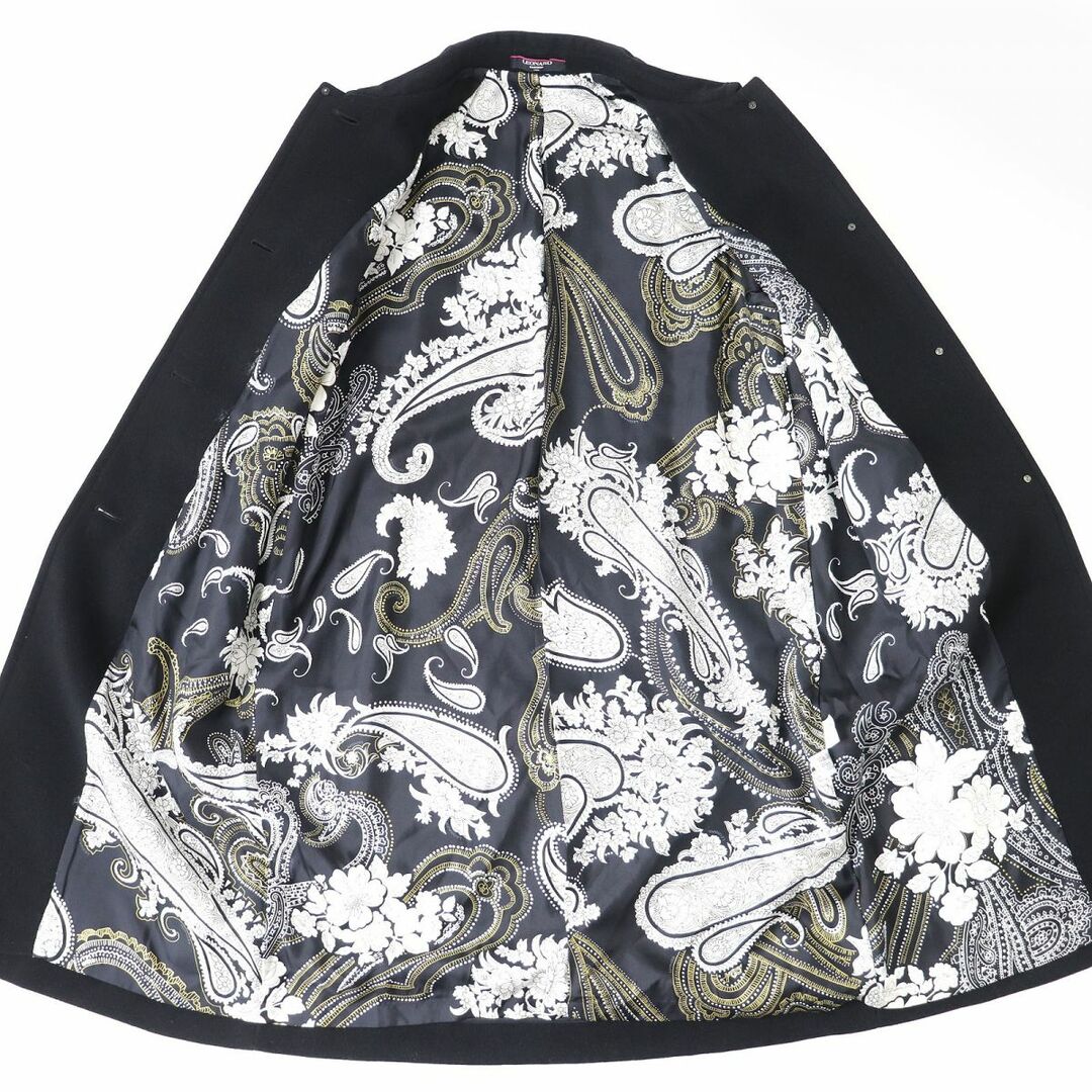極美品△レオナール ファッション レディース ロゴ金ボタン付 裏地シルク100%・総柄プリント カシミヤ65% ロングコート ブラック 9AR