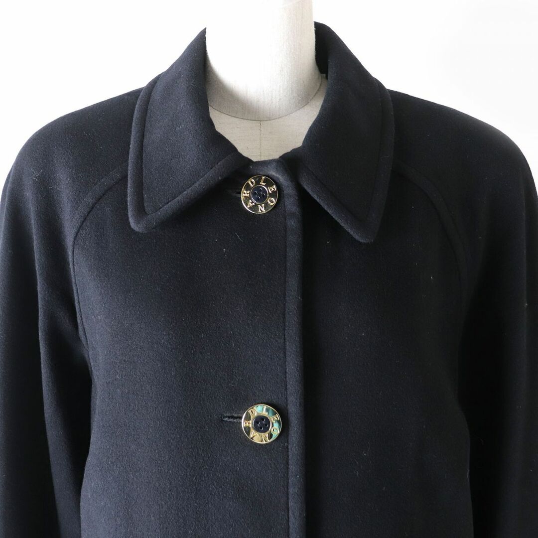 極美品△レオナール ファッション レディース ロゴ金ボタン付 裏地シルク100%・総柄プリント カシミヤ65% ロングコート ブラック 9AR