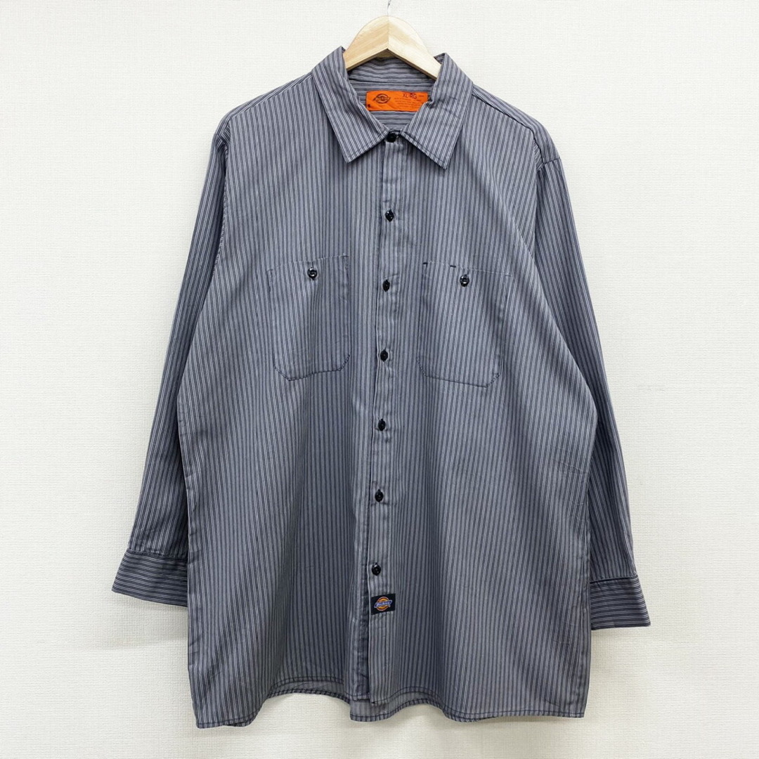 【中古】 ディッキーズ Dickies ワーク シャツ ストライプ柄 ロゴ ワッペン ロングスリーブ サイズ：XL グレー