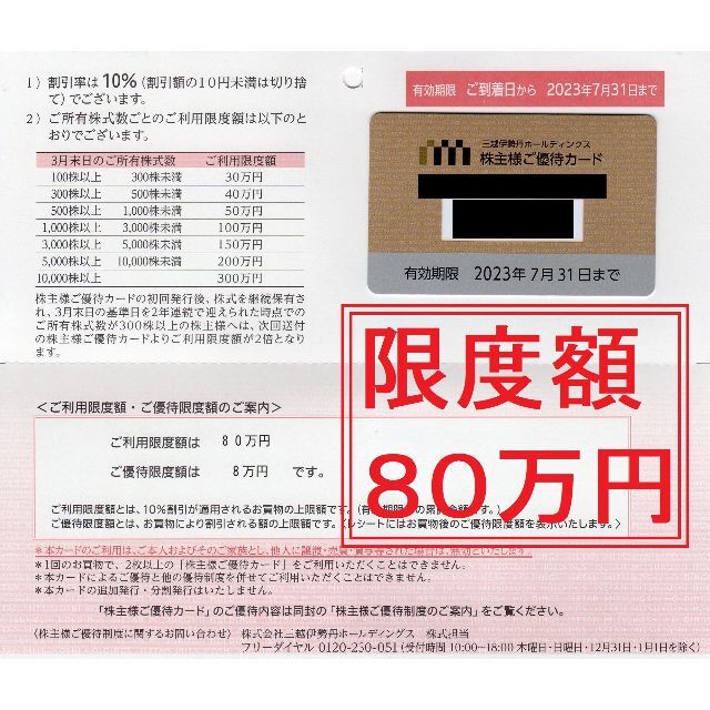 限度額80万円:三越伊勢丹株主優待カード(10%ＯＦＦ):送料込