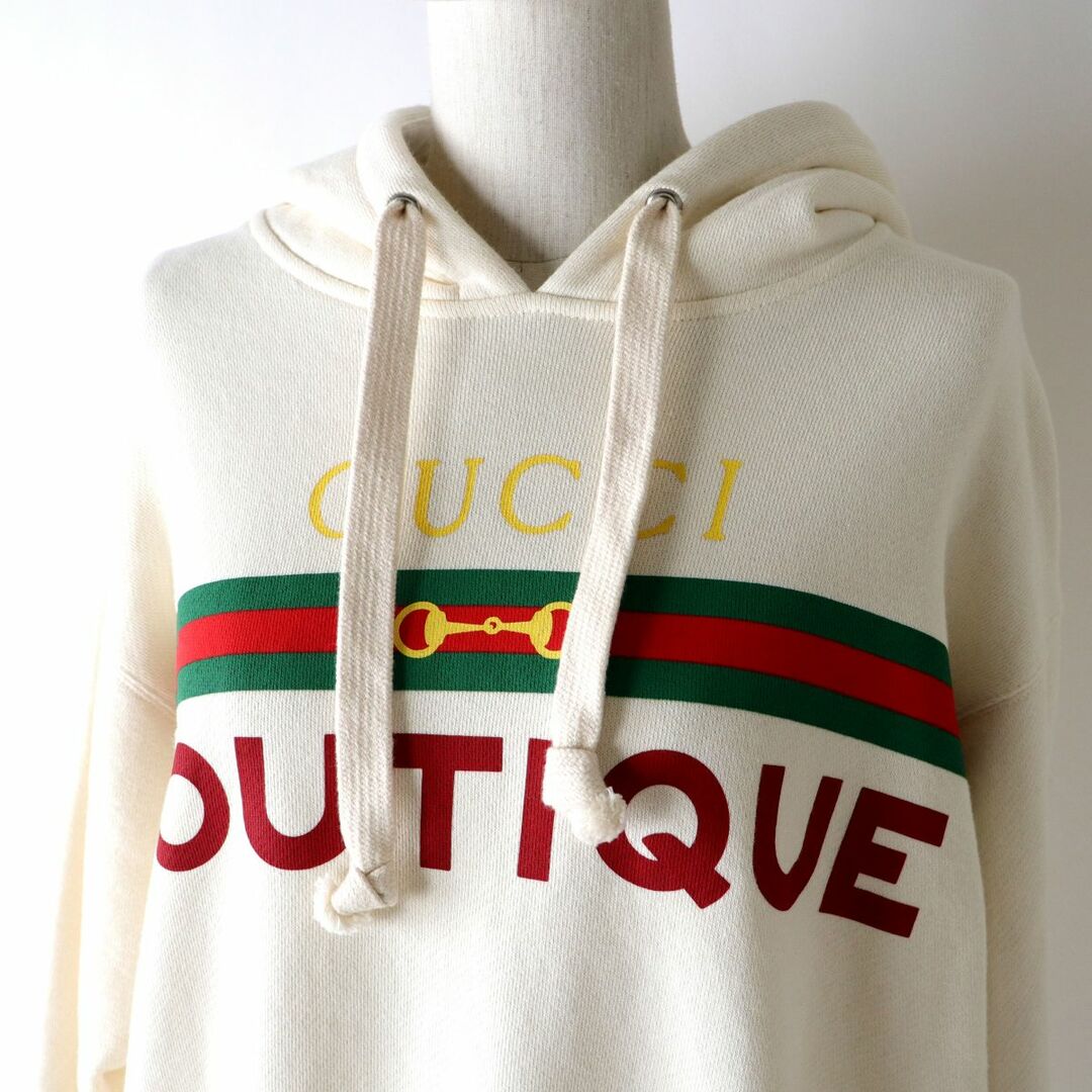 美品◎正規品 イタリア製 GUCCI グッチ 615061 レディース BOUTIQUE ロゴプリント フード付き プルオーバー/パーカー アイボリー XS