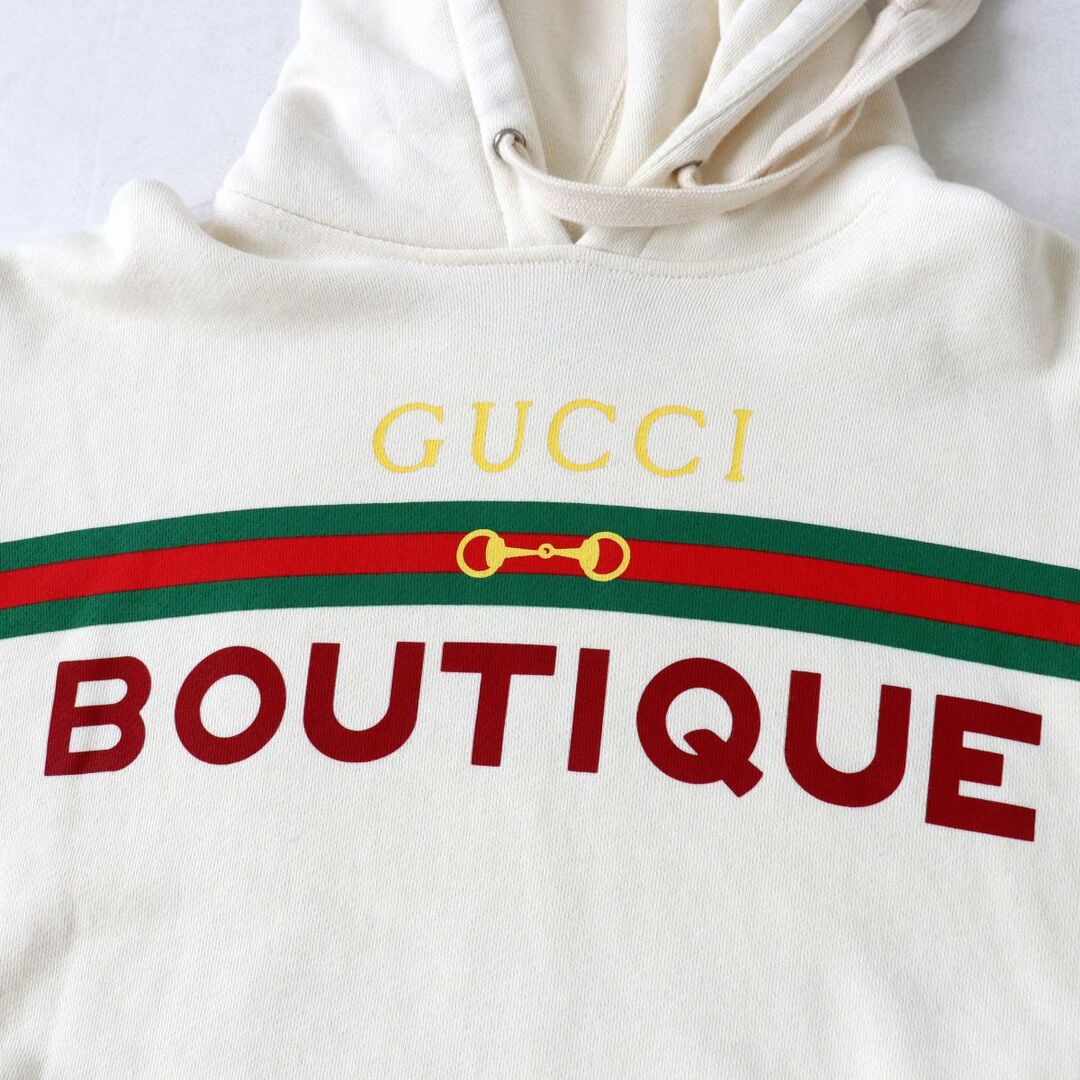 美品◎正規品 イタリア製 GUCCI グッチ 615061 レディース BOUTIQUE ロゴプリント フード付き プルオーバー/パーカー アイボリー XS