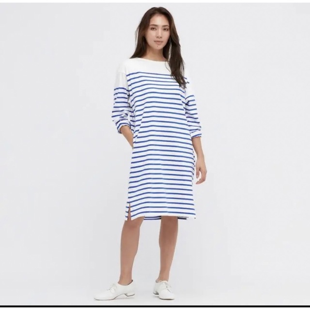 UNIQLO(ユニクロ)の【UNIQLO】L ブルー　ボーダーボートネックワンピース レディースのワンピース(ひざ丈ワンピース)の商品写真