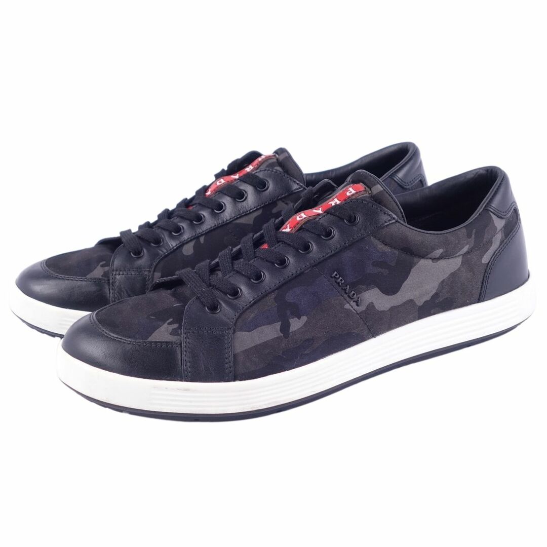 美品 プラダ スポーツ PRADA SPORT スニーカー ローカット レースアップ 迷彩柄 ナイロン レザー シューズ メンズ 8(27cm相当) ブラック/ネイビー/グレー