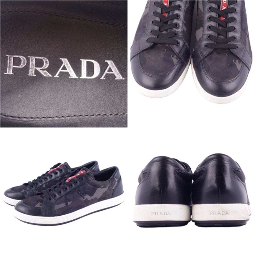 美品 プラダ スポーツ PRADA SPORT スニーカー ローカット レースアップ 迷彩柄 ナイロン レザー シューズ メンズ 8(27cm相当) ブラック/ネイビー/グレー