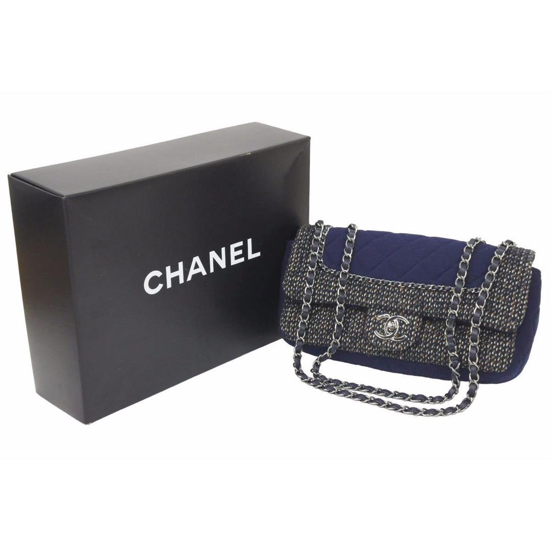 CHANEL シャネル マトラッセ ツイード Wチェーン ショルダーバッグ 20番台 ネイビー ココマーク シルバー金具 美品  46300 正規品