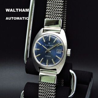 ウォルサム(Waltham)のWALTHAM 自動巻き腕時計 デイト 青文字盤 ヴィンテージ(腕時計)