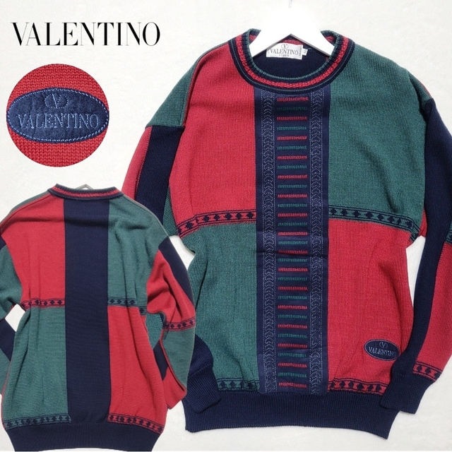 【美品】バレンティノ　マルチカラー ケーブルニット セーター ロゴ サイズ50
