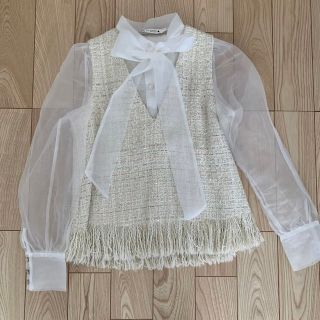 ザラ(ZARA)のZARA シースルー　トップス　ツイード　ホワイト　リボン　白(シャツ/ブラウス(長袖/七分))