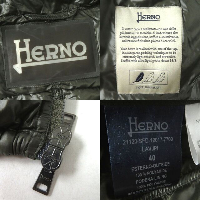 47cm着丈美品◎正規品 ルーマニア製 HERNO ヘルノ 21120 LAVJPI レディース フード付き ライト ダウンジャケット カーキ サイズ40 シンプル◎