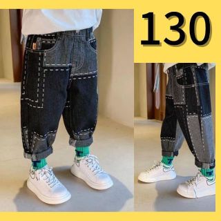 パッチワーク☆ブラックデニム☆キッズ 130 サルエルパンツ 韓国ファッション(パンツ/スパッツ)