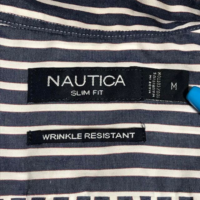 NAUTICA(ノーティカ)の【美品】ノーティカ☆刺繍ロゴ入りストライプシャツ　スリムフィット　E149 メンズのトップス(シャツ)の商品写真