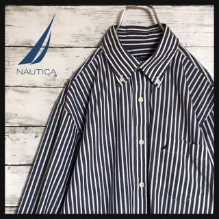 ノーティカ(NAUTICA)の【美品】ノーティカ☆刺繍ロゴ入りストライプシャツ　スリムフィット　E149(シャツ)