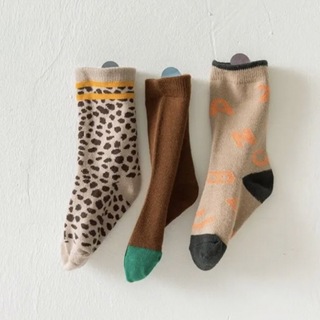 ENDO SOCKS 新商品豹柄の茶色組み合わせの子供靴下3点セット(靴下/タイツ)