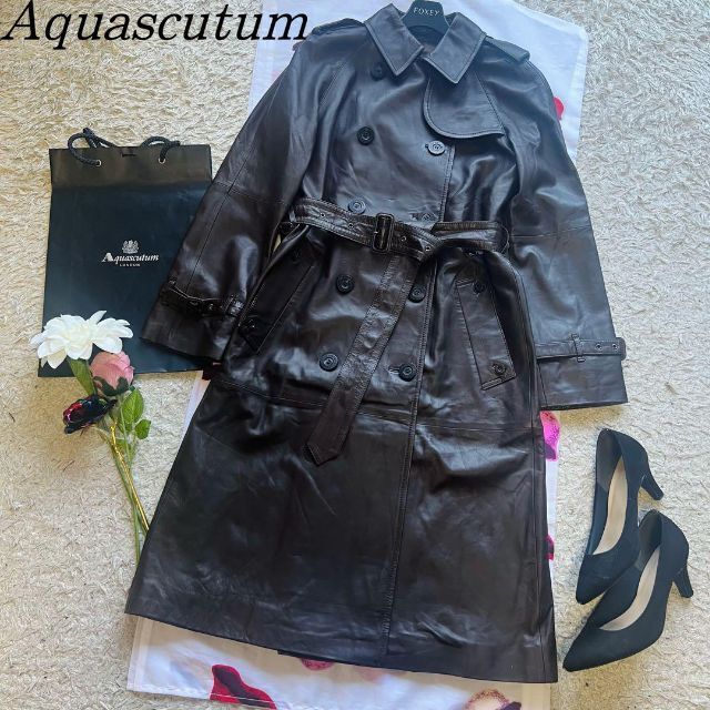 【良品】Aquascutum レザートレンチコート ブラウン ベルト 7F M