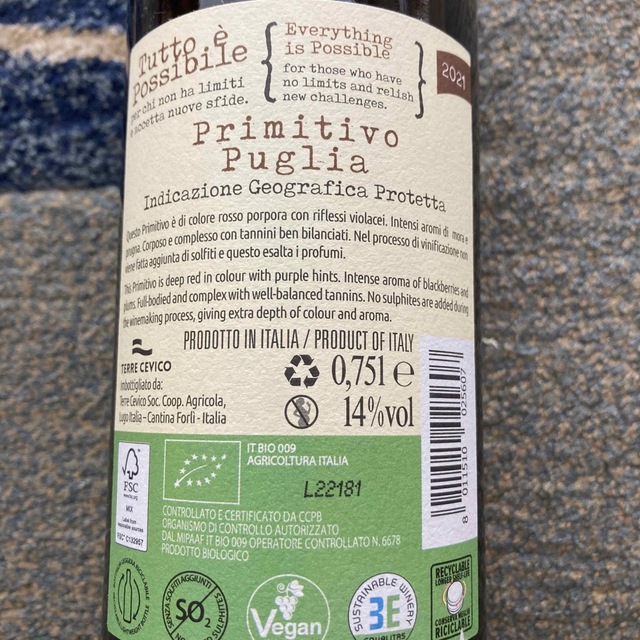 赤ワイン Tutto e Possibile Primitivo Cevico 食品/飲料/酒の酒(ワイン)の商品写真