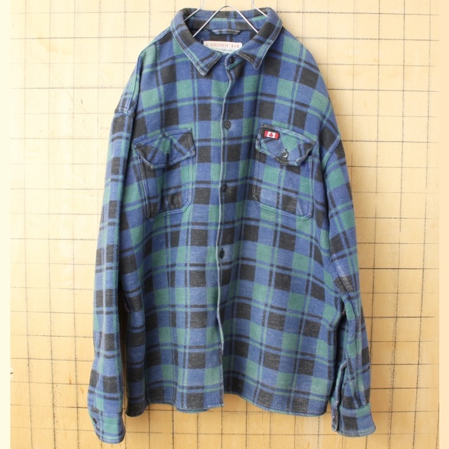 70s カナダ ヘビーフランネルチェックシャツ XL ブルー グリーン ss36