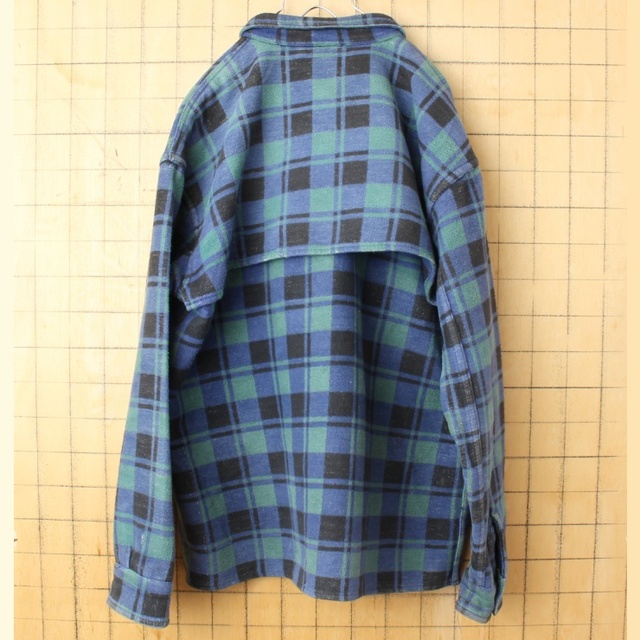 70s カナダ ヘビーフランネルチェックシャツ XL ブルー グリーン ss36 2