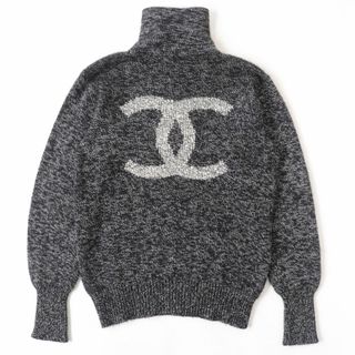 シャネル(CHANEL)の美品◎正規 UK製 CHANEL シャネル 96A P08176 レディース バックココマーク カシミヤ100％ ハーフジップ MIXニットプルオーバー 黒×白 42(ニット/セーター)