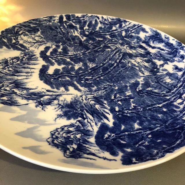 N9、 古伊万里 染付 飾り大皿 和食器 和室内 山水絵