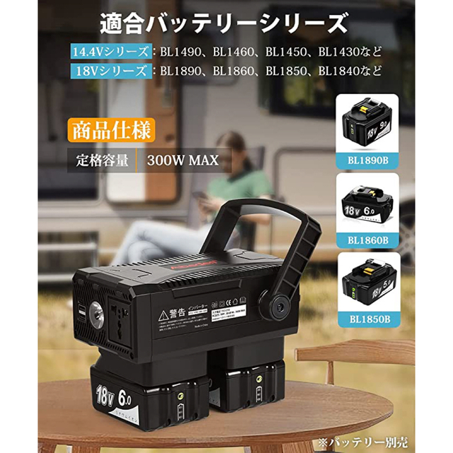 インバーター 300W マキタ18Vバッテリー対応