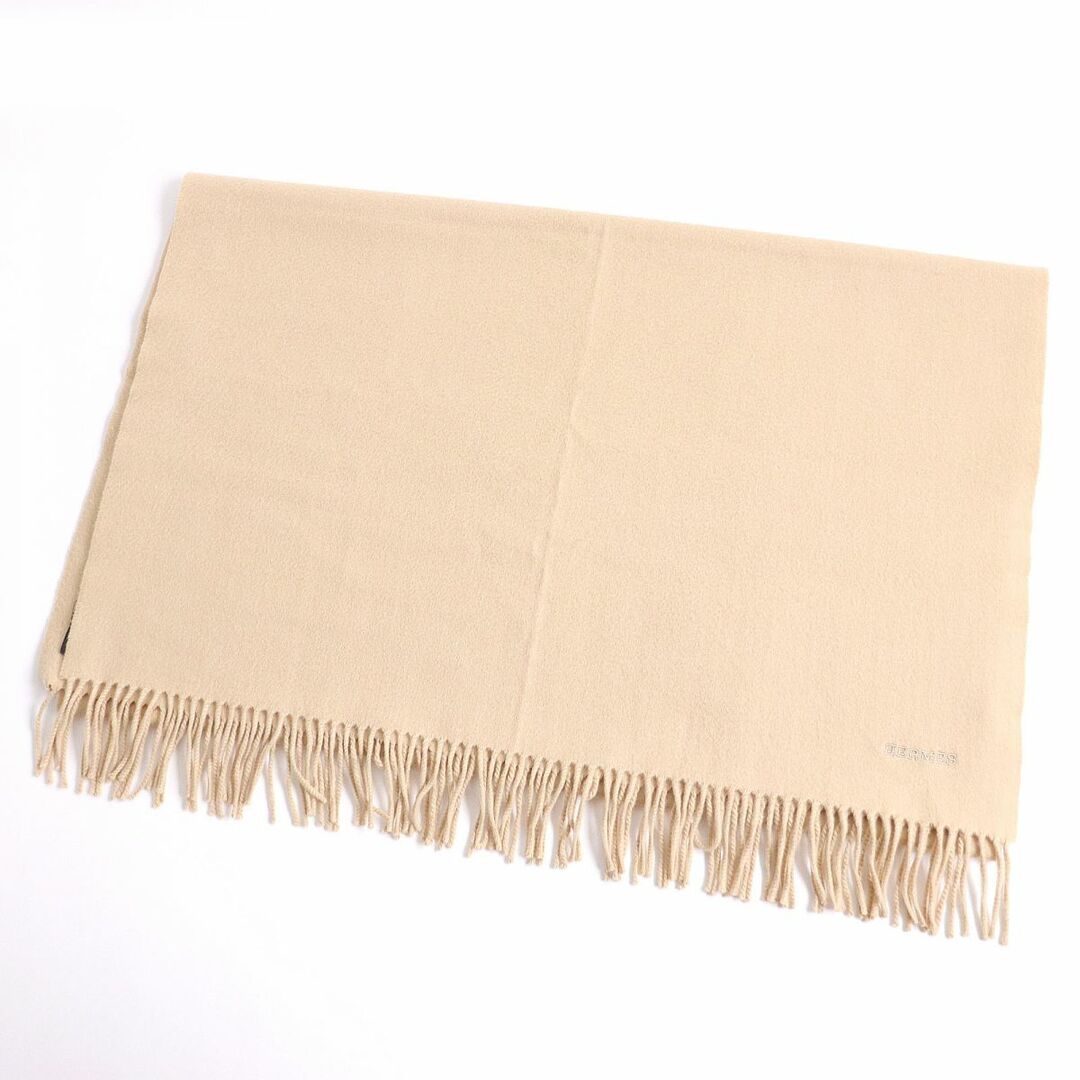 美品◇HERMES エルメス ロゴ刺繍入り フリンジ付き カシミヤ100% 大判