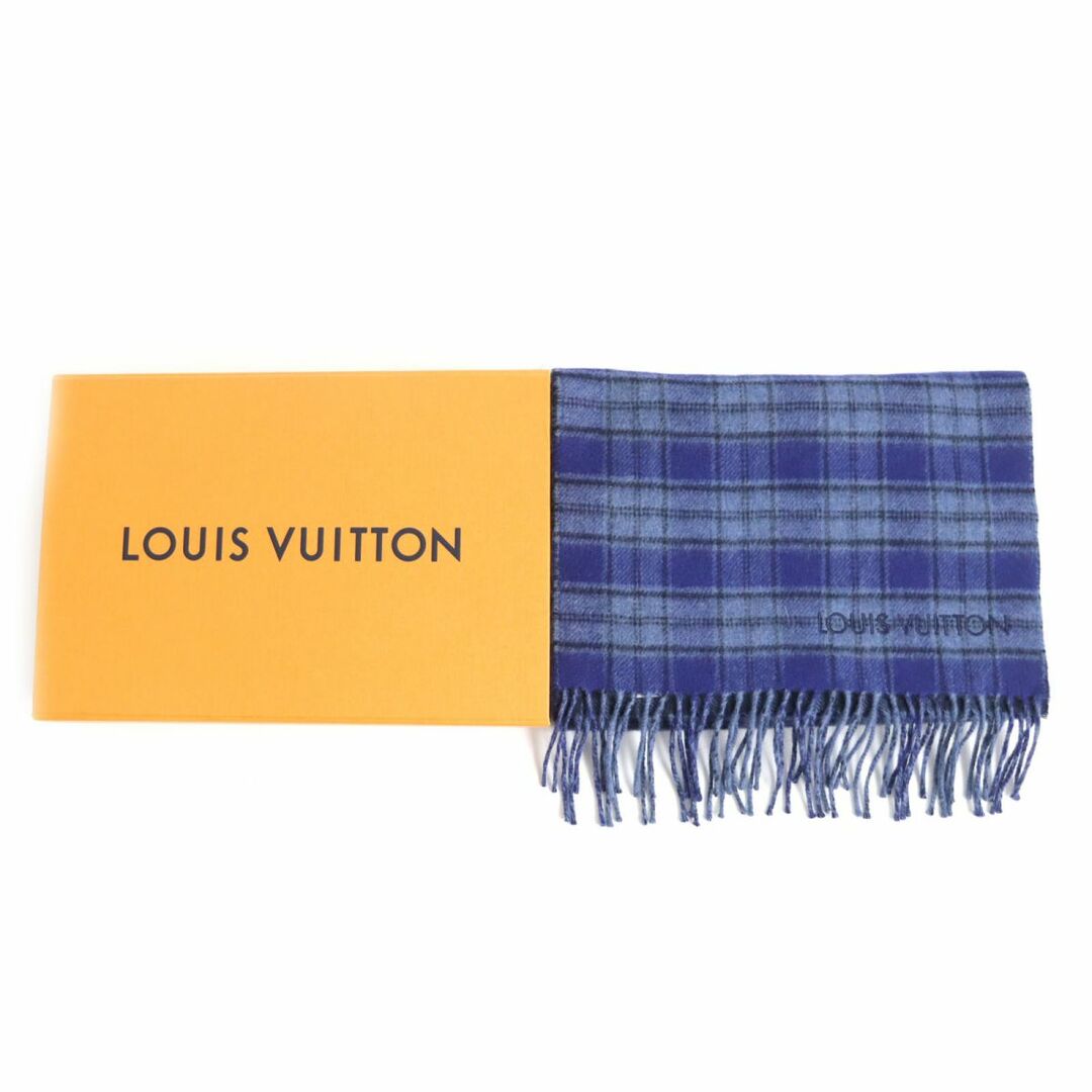 極美品◆LOUIS VUITTON ルイヴィトン M73449 エシャルプ ダミエ タータン ロゴ刺繍入り カシミヤ100% マフラー ネイビー 英国製 箱付き 1
