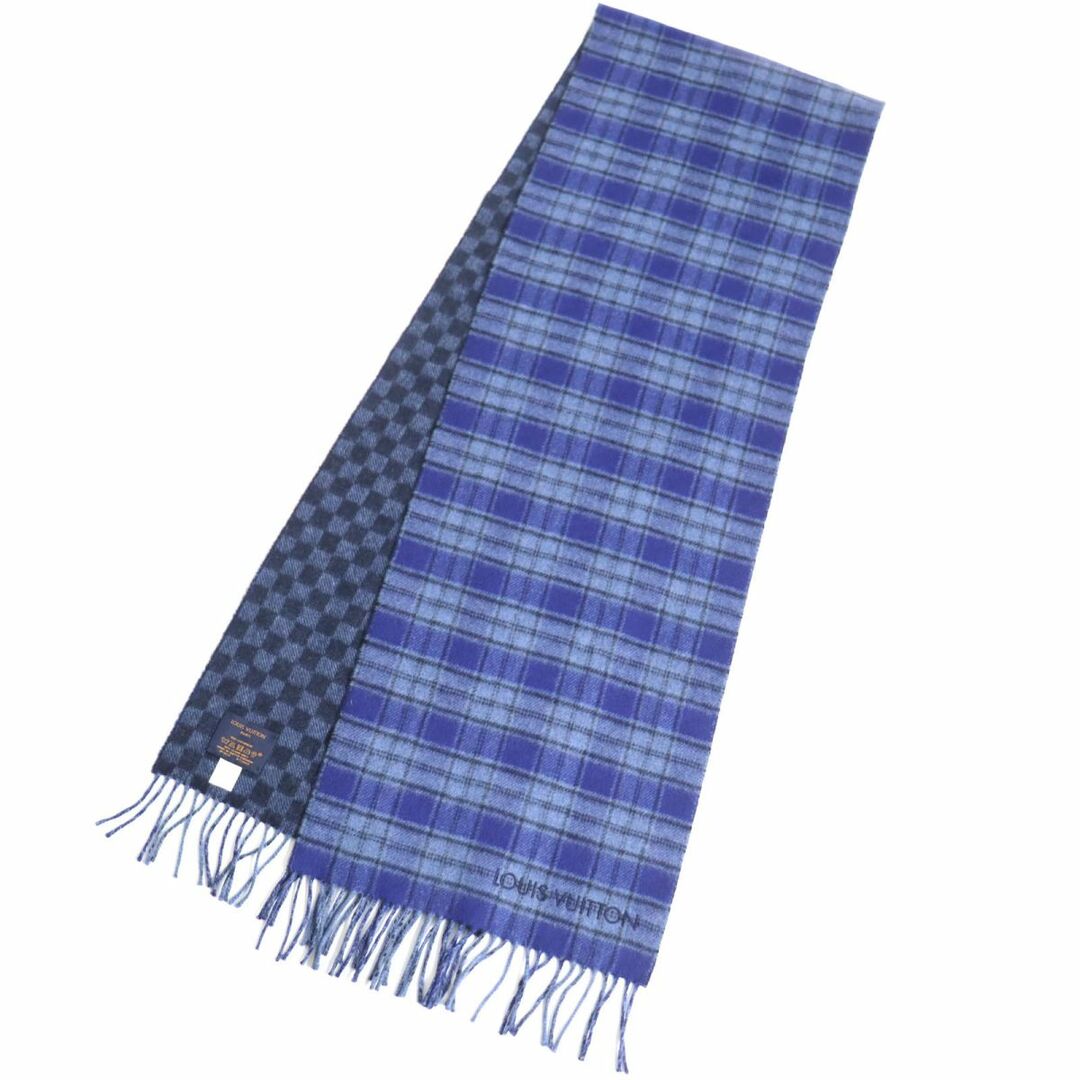 極美品◆LOUIS VUITTON ルイヴィトン M73449 エシャルプ ダミエ タータン ロゴ刺繍入り カシミヤ100% マフラー ネイビー 英国製 箱付き 2