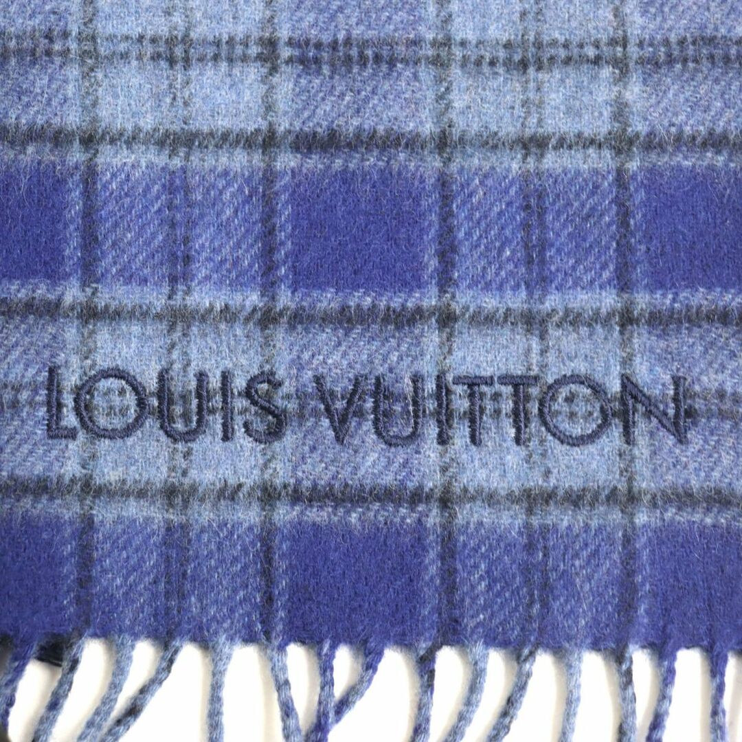 極美品◆LOUIS VUITTON ルイヴィトン M73449 エシャルプ ダミエ タータン ロゴ刺繍入り カシミヤ100% マフラー ネイビー 英国製 箱付き 4