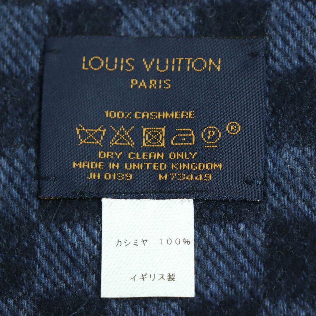 極美品◆LOUIS VUITTON ルイヴィトン M73449 エシャルプ ダミエ タータン ロゴ刺繍入り カシミヤ100% マフラー ネイビー 英国製 箱付き 8