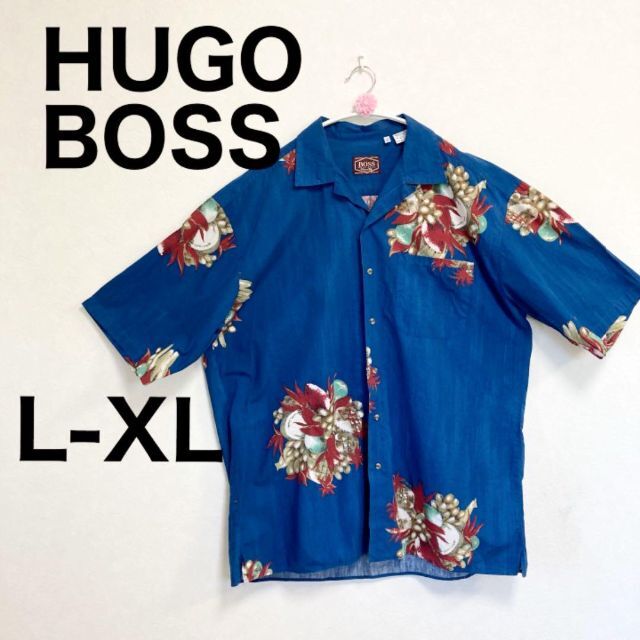 レア品ドイツ HUGO BOSSヒューゴ・ボス青ブルー花柄 ネイビー 半袖アロハHUGOBOSSサイズ