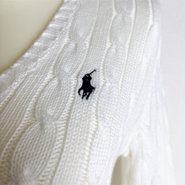Ralph Lauren(ラルフローレン)のラルフローレンスポーツ ケーブルニット コットン 刺繍ロゴ ホワイト S レディースのトップス(ニット/セーター)の商品写真