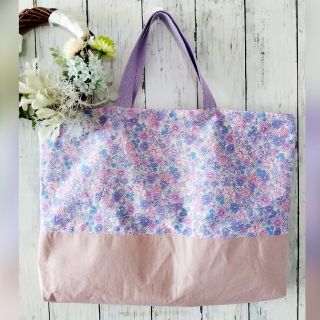 レッスンバッグ トートバッグ flower柄パープル 約30cm×40cm(バッグ/レッスンバッグ)