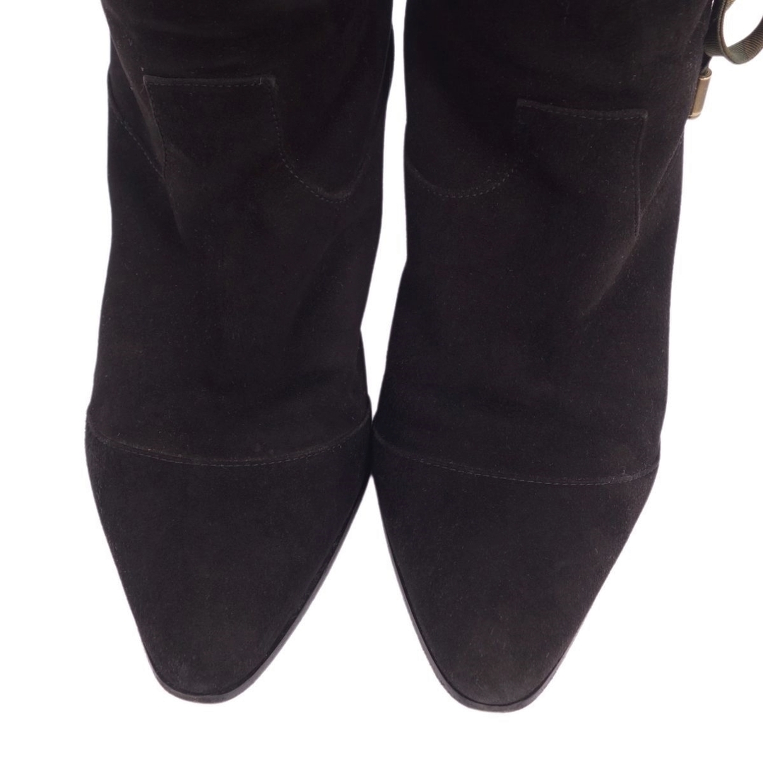 美品 エルメス HERMES ブーツ ロングブーツ シルク リボン スウェード ヒール シューズ レディース 靴 37(24cm相当) ブラック 2