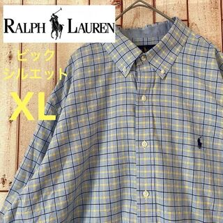 ラルフローレン(Ralph Lauren)の【XL】ラルフローレン　長袖シャツ　チェック　ロゴ刺繍　水色(シャツ)